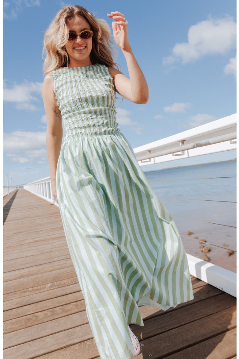 Maleny Sleeveless Maxi Sundress, Alternate, color, BLUE/ GREEN STRIPE