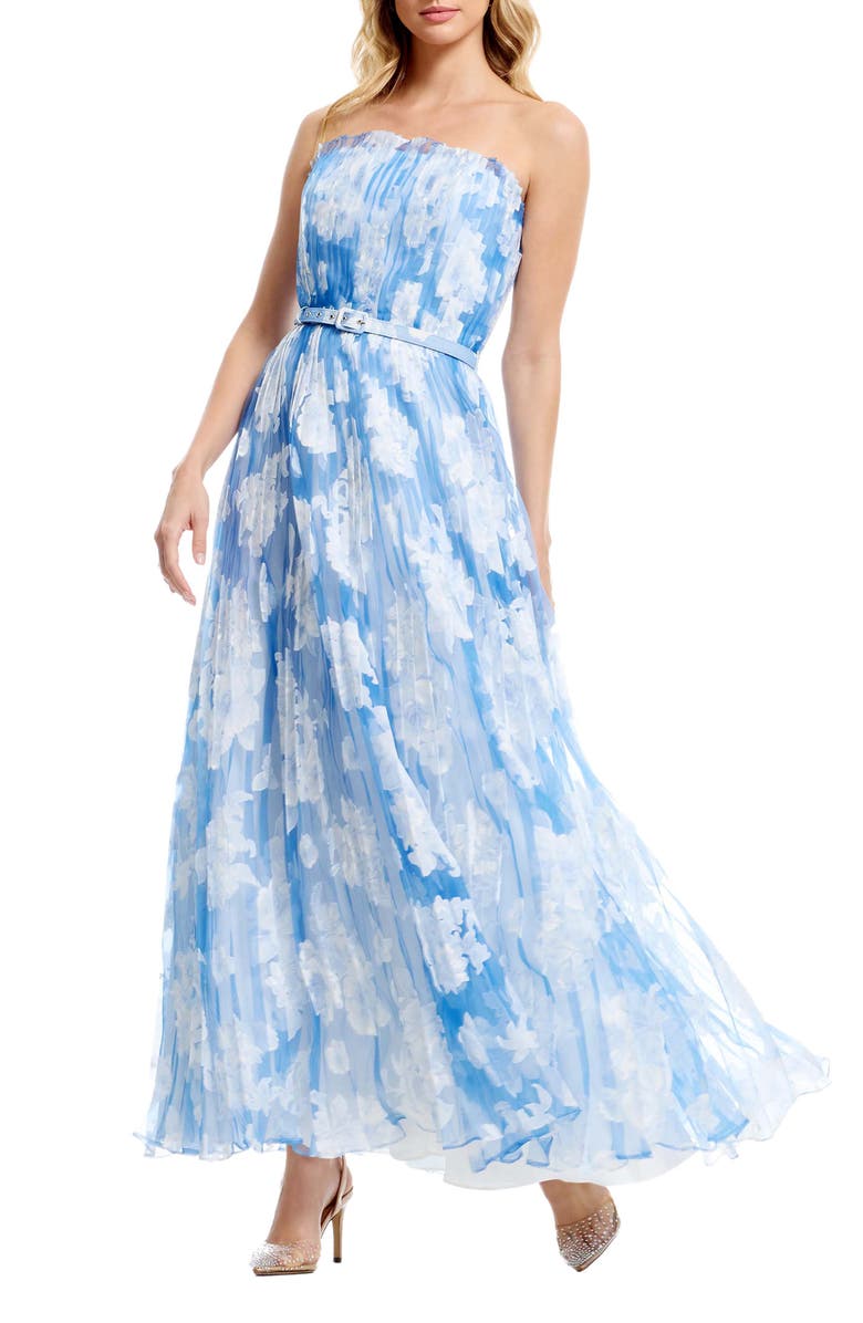 Dress the Population Verity Pleated Belted Strapless Gown, Alternate, color, Sky Multi