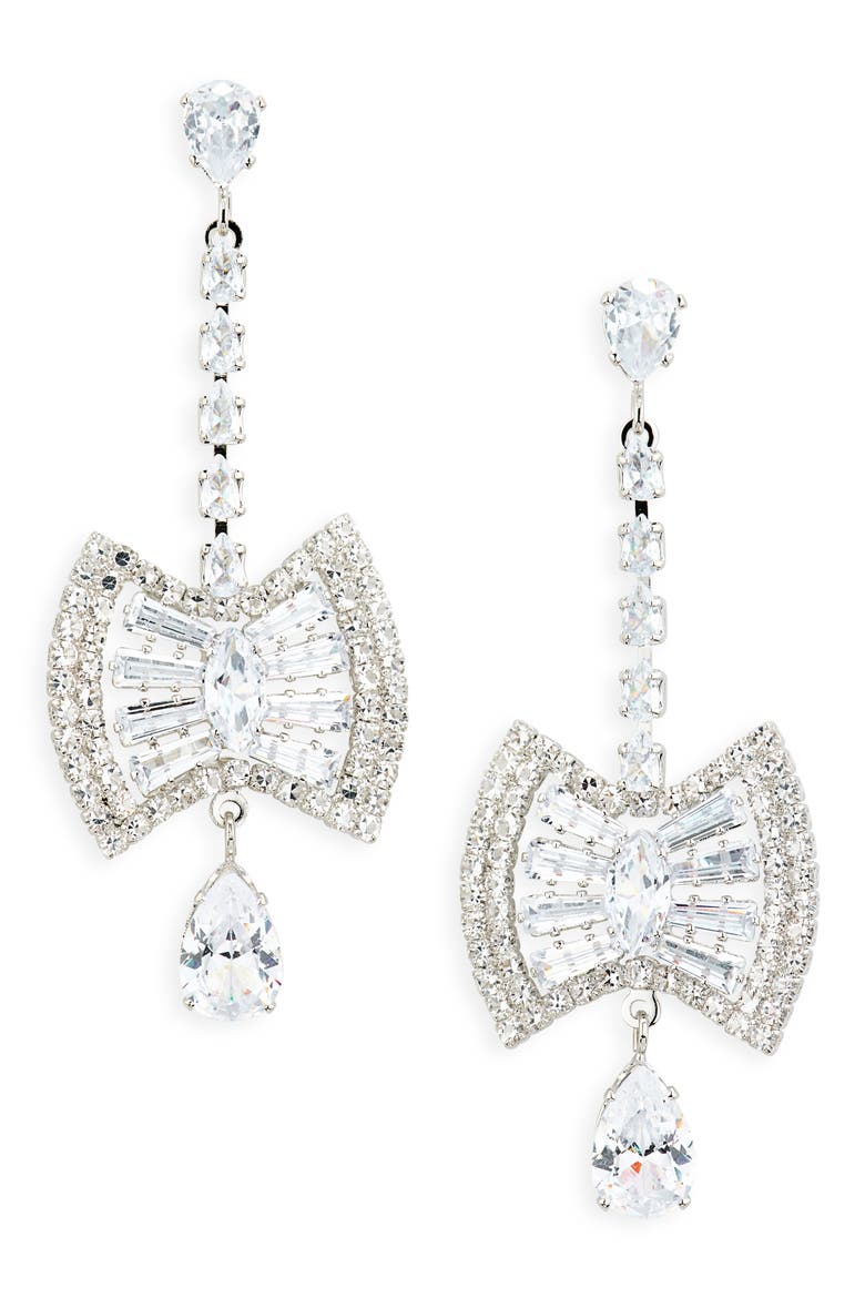 Crystal Bow Drop Earrings, Main, color, SILVER CRYSTAL