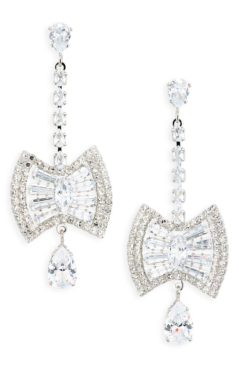 Tasha Crystal Bow Drop Earrings, Main, color, Silver Crystal