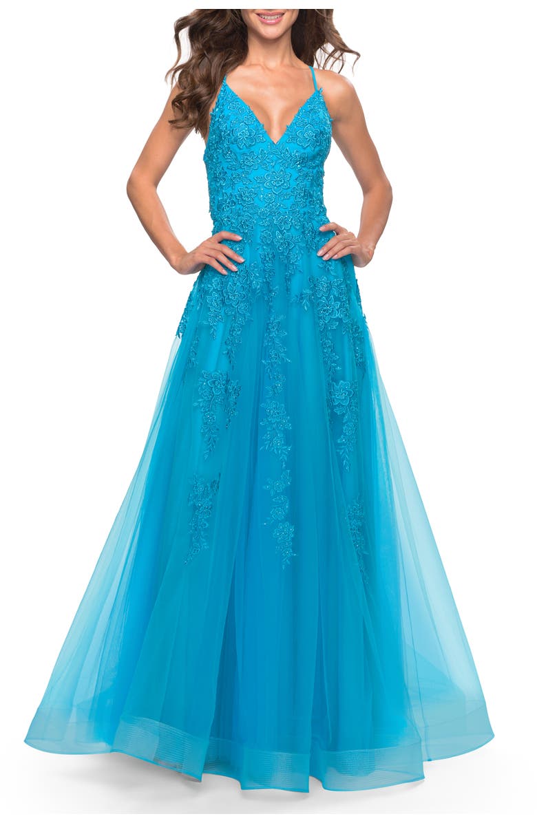 La Femme Tulle Prom Dress with Floral Detail and Side Slit, Alternate, color, Aqua