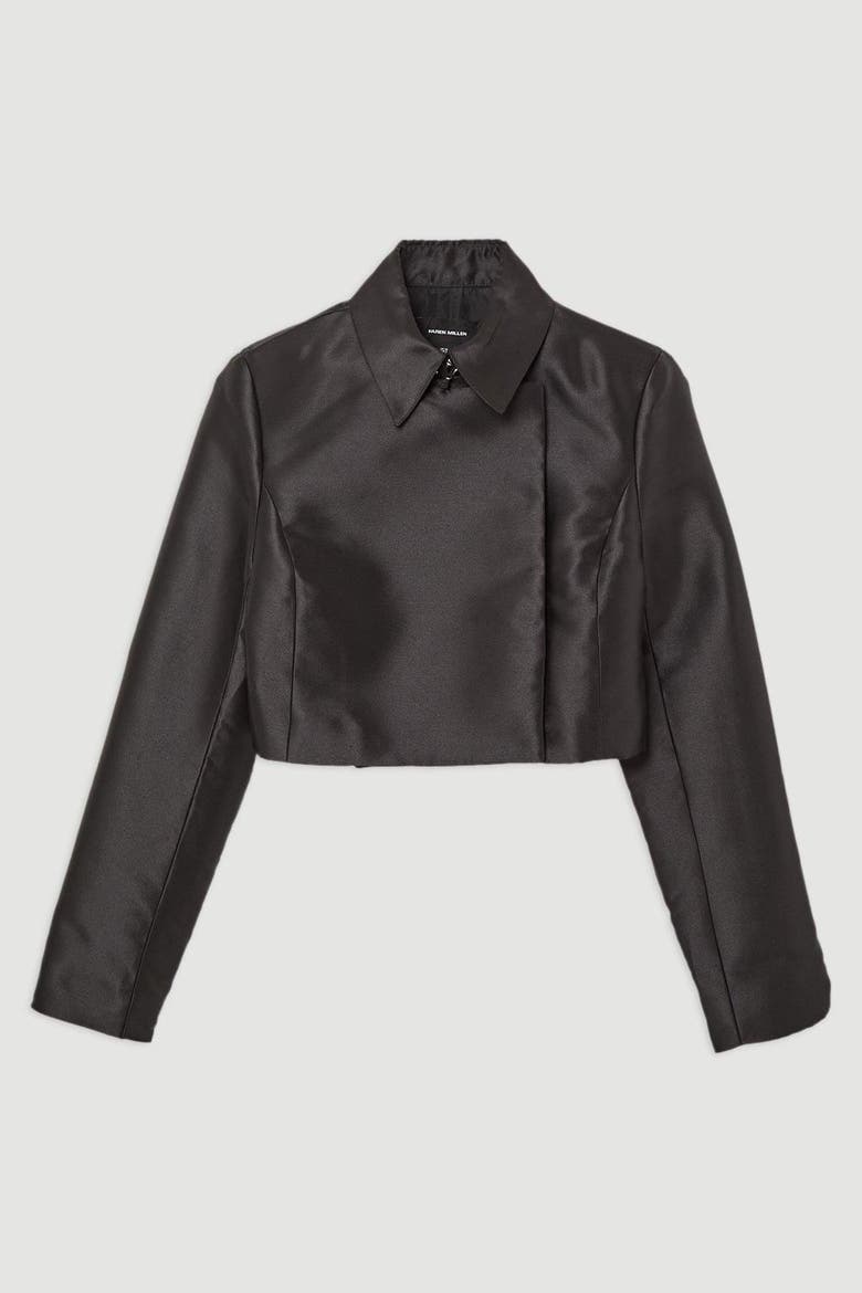 Satin Twill Cropped Wrap Tailored Jacket, Alternate, color, Black