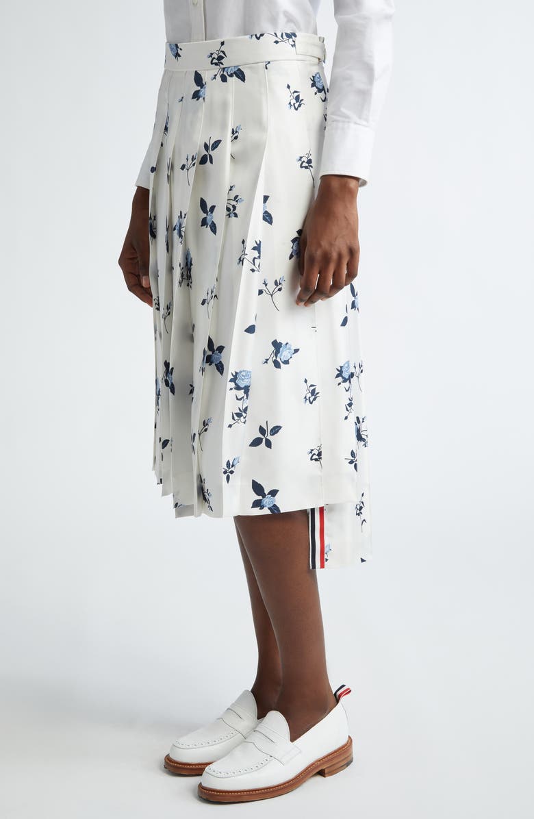 Thom Browne Rose Print Pleated Silk Twill Skirt, Alternate, color, 