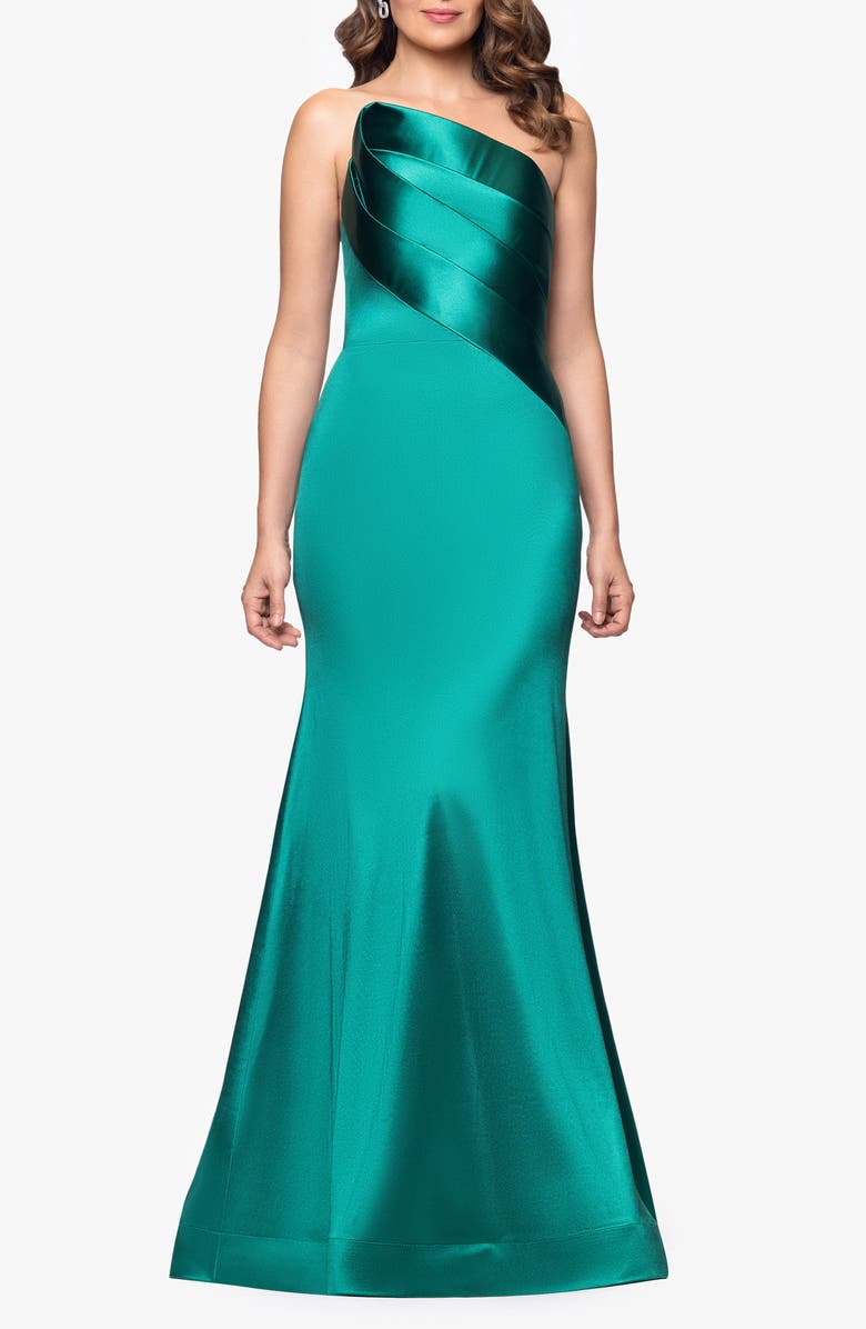Betsy & Adam Royal Strapless Satin Mermaid Gown, Main, color, Emerald