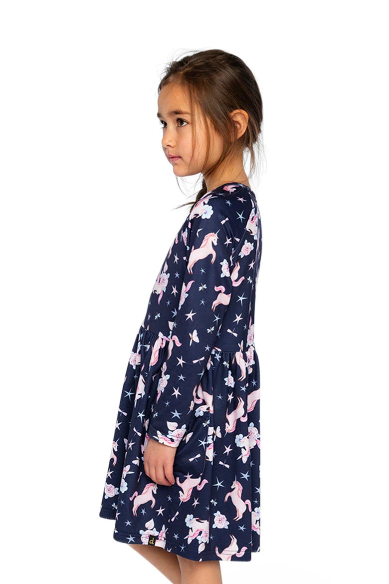 Long Raglan Sleeve Unicorn Dress with Patch Pockets, Alternate, color, Navy Unicorn Print