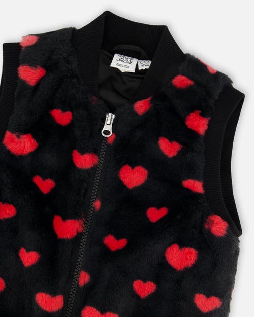 Deux Par Deux Faux Fur Sleeveless Vest With Hearts In Black