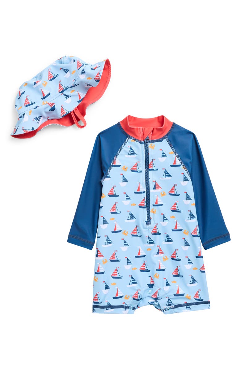 Andy & Evan Swim Romper & Hat Set, Main, color, Navy