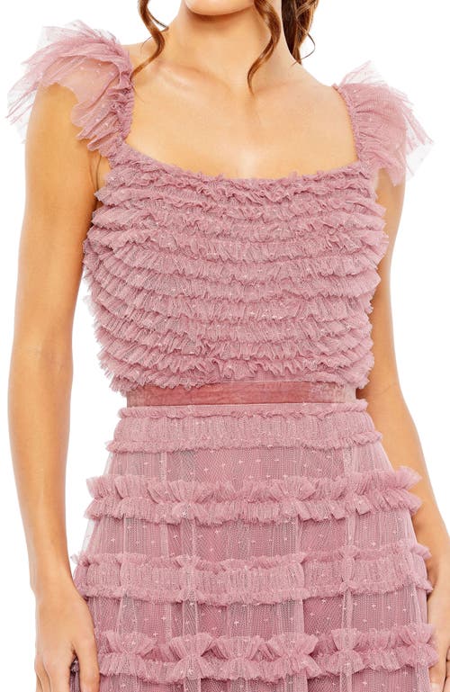 Mac Duggal Velvet Waist Ruffled Mesh Gown In Pink