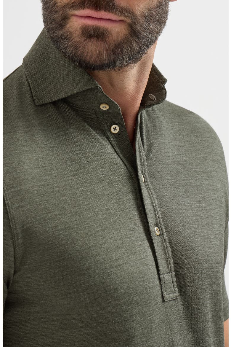 Virgin wool, silk and cotton piqué polo shirt with spread collar, Alternate, color, Military