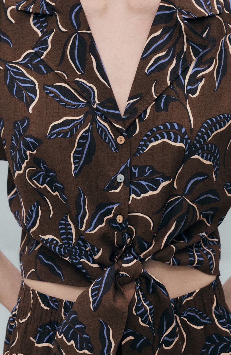 MANGO Print Tie Hem Crop Shirt, Alternate, color, Brown