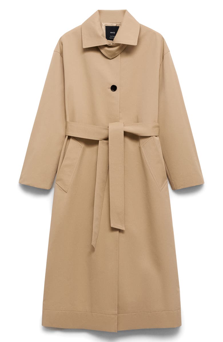 MANGO Belted Water Repellent Long Trench Coat, Main, color, Medium Brown