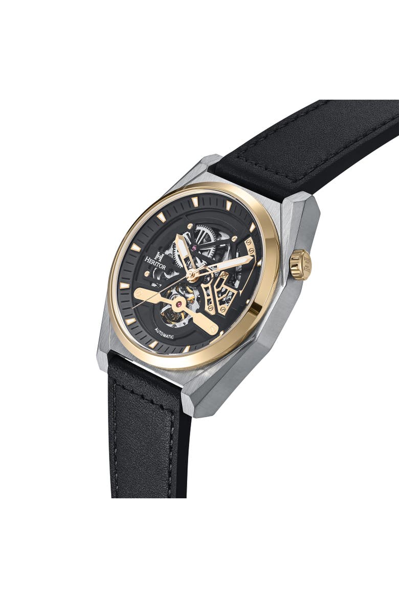 Amadeus Semi-Skeleton Leather-Band Watch, Alternate, color, Gold/Black