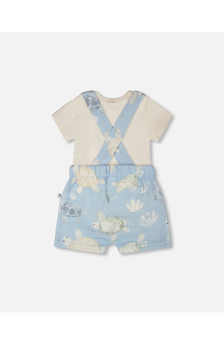 Deux par Deux Organic Cotton Jersey Bodysuit and Muslin Turtle Print Shortall Set, Alternate, color, White & Blue Turtle Print