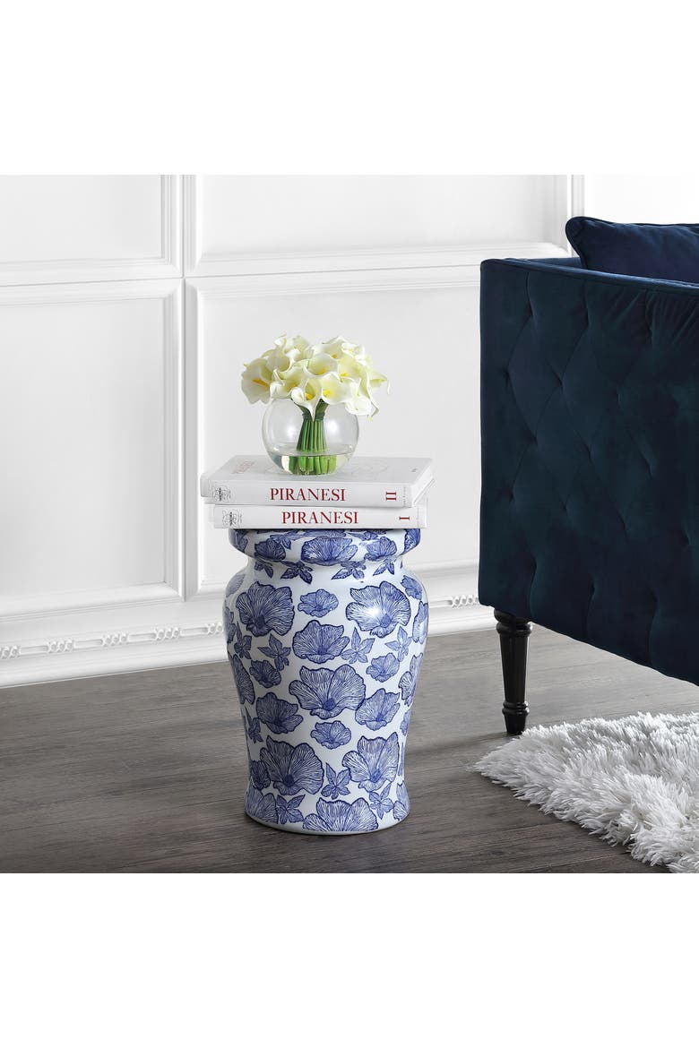Poppies Traditional Floral Chinoiserie Ceramic Drum Garden Stool, Pierced Indoor/Outdoor Patio Seat & Side Table, Alternate, color, White/Blue