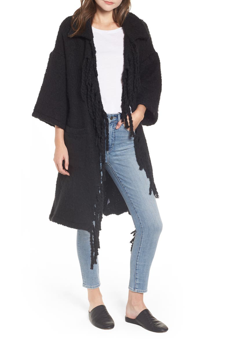 Plaid Fringe Cardigan, Main, color, BLACK