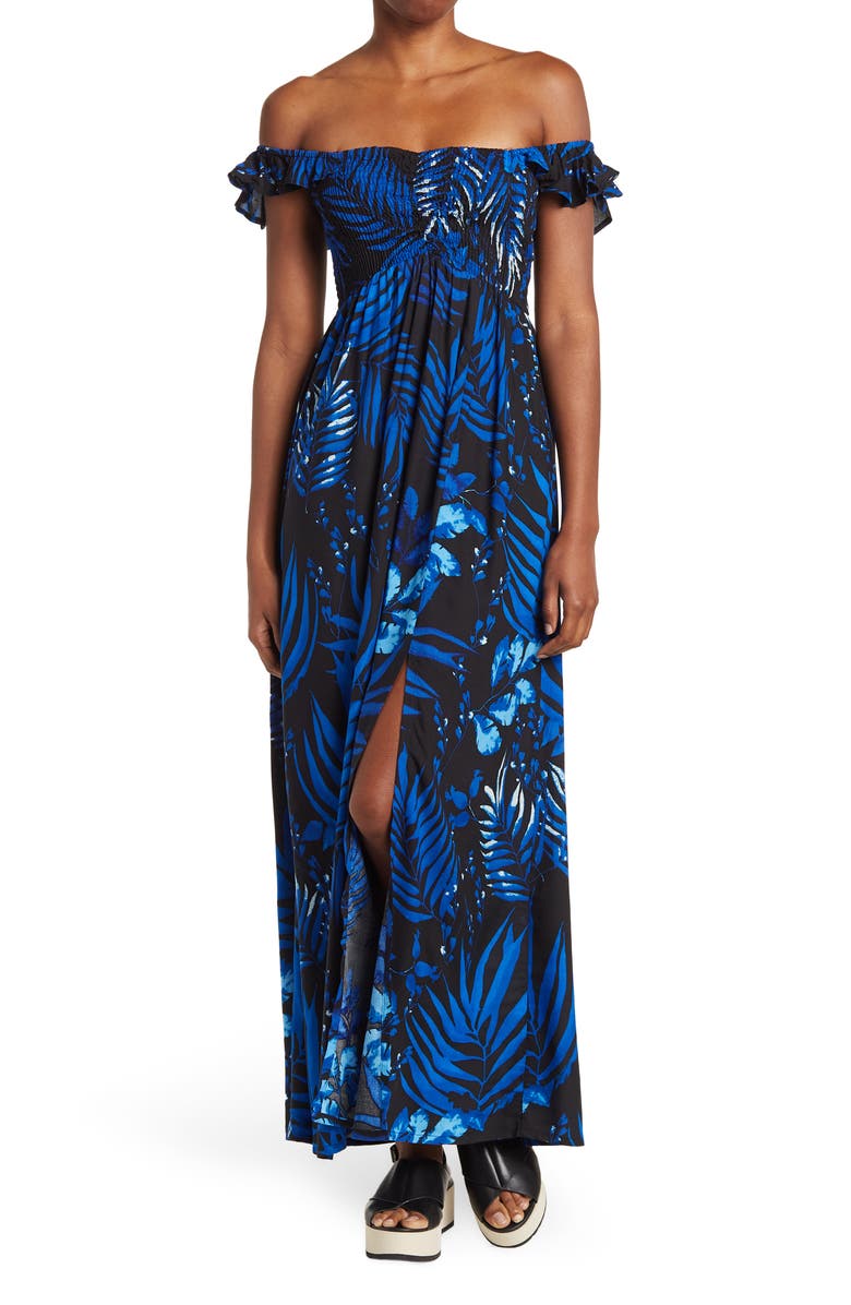 BOHO ME Smocked Off-the-Shoulder Maxi Swim Cover-Up, Main, color, Navy/Black