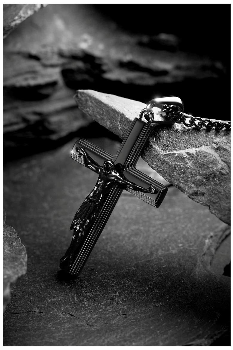 Men's Crucifix Pendant Necklace, Alternate, color, BLACK