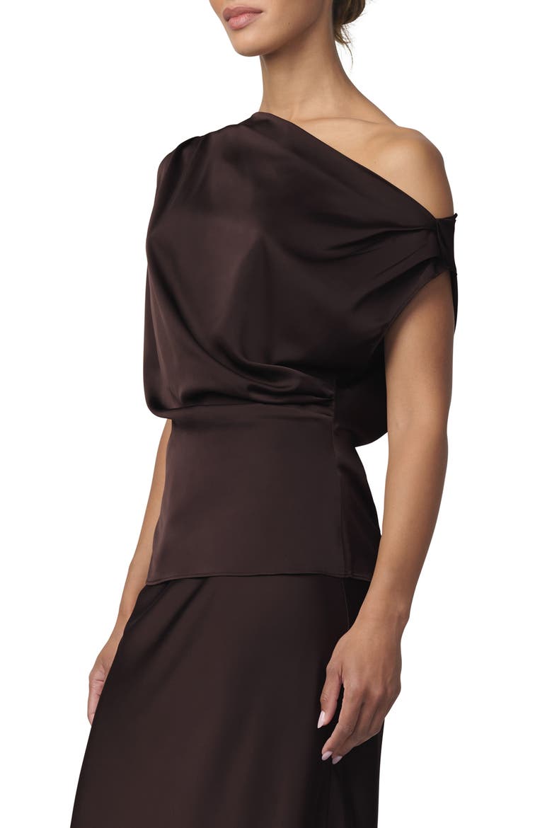 The Isla Drape One-Shoulder Satin Top, Alternate, color, ESPRESSO