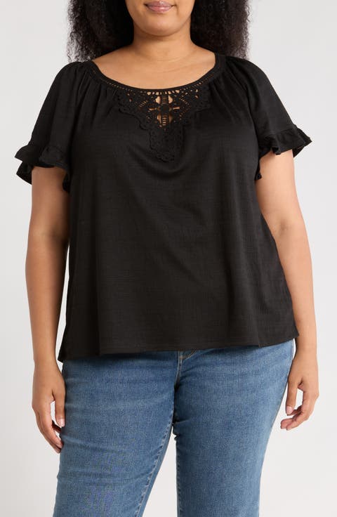 Embellished Yoke Flutter Sleeve Top (Plus)