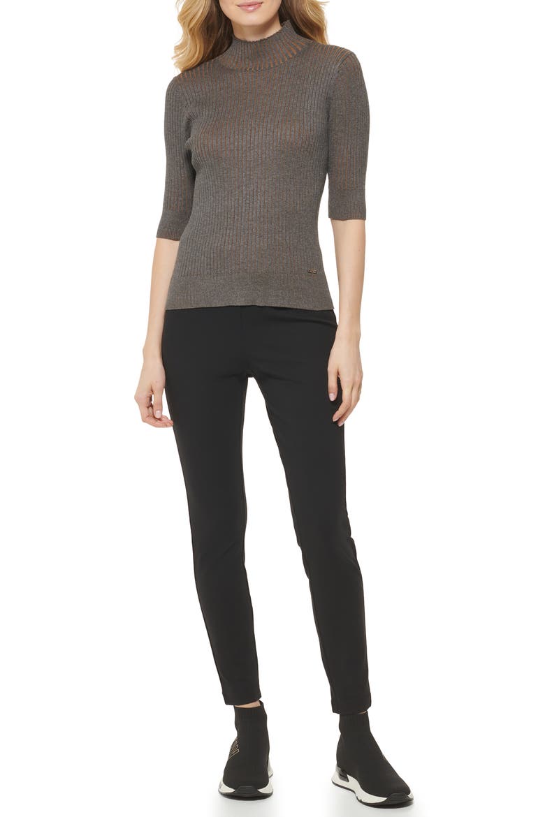Mock Neck Rib Sweater, Alternate, color, GRAPHITE/ LUGGAGE