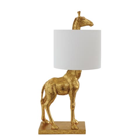 Resin Giraffe Table Lamp with Linen Shade, Distressed Gold