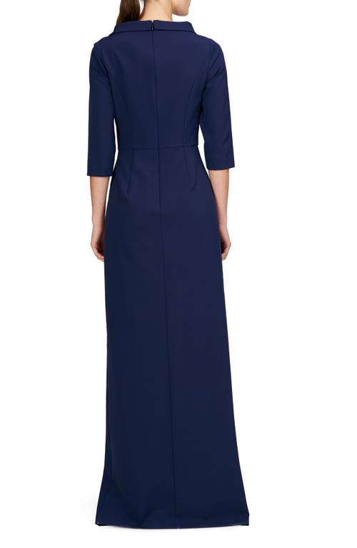 Kay Unger Helena Asymmetric Neck Gown In Midnight Blue