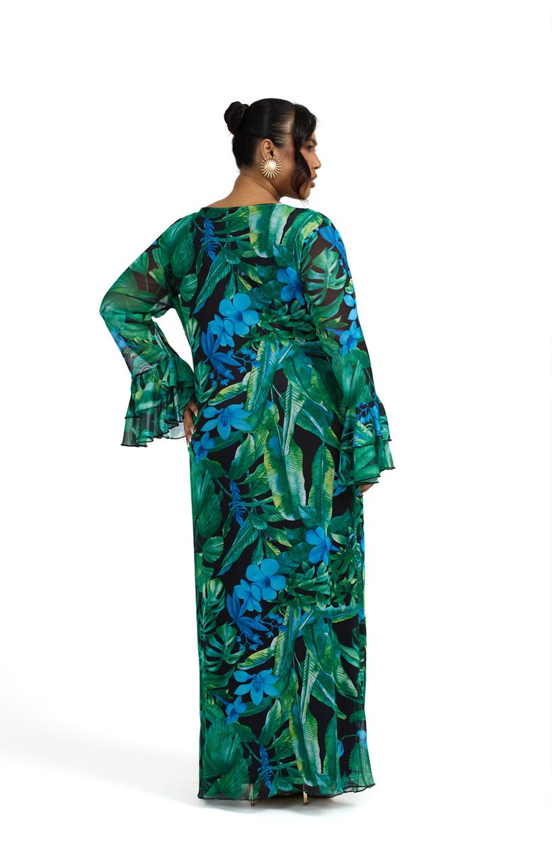 FASHION-SZN CURVE Ruffle Cowl Neck Palm Print Maxi Dress, Alternate, color, Green