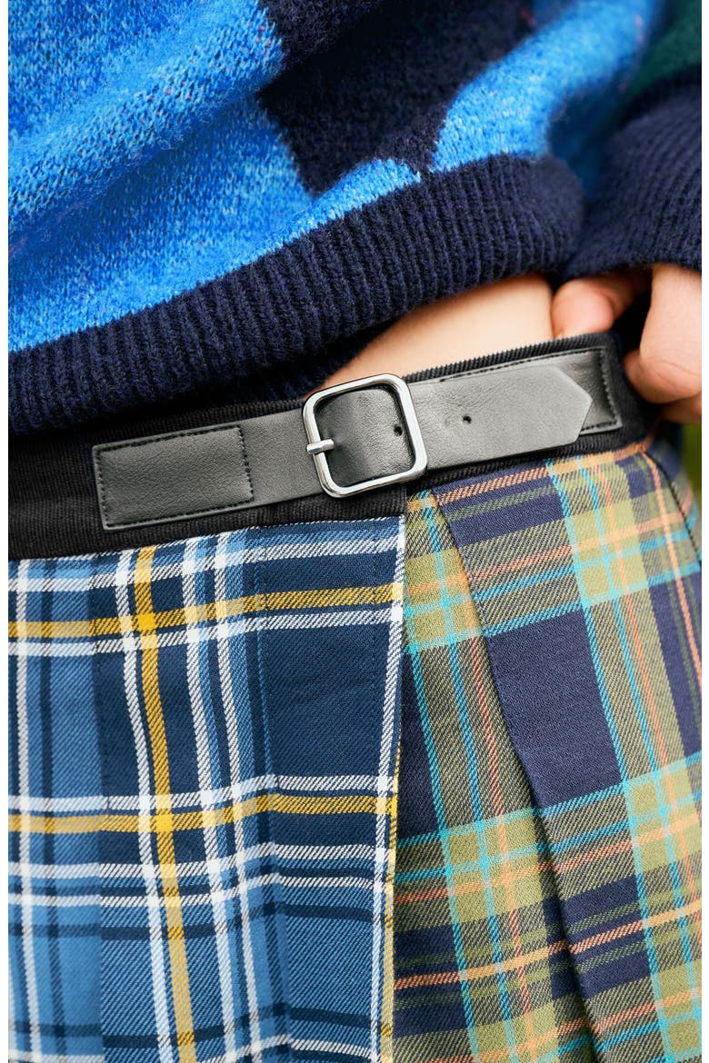 Mixed Plaid Pleated Cotton Faux Wrap Miniskirt, Alternate, color, BLUE