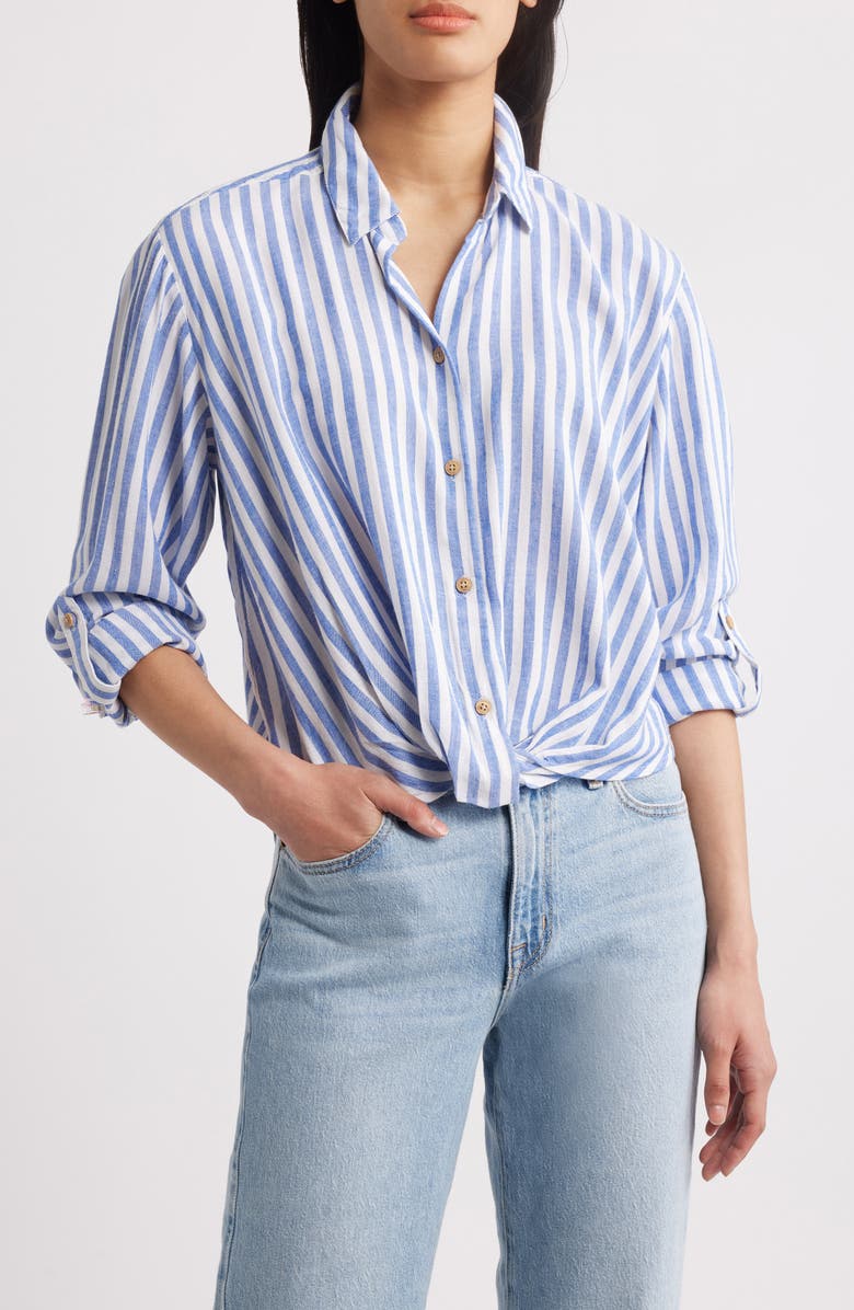 beachlunchlounge Vivica Stripe Twist Hem Button-Up Shirt, Main, color, Dynamic Blue