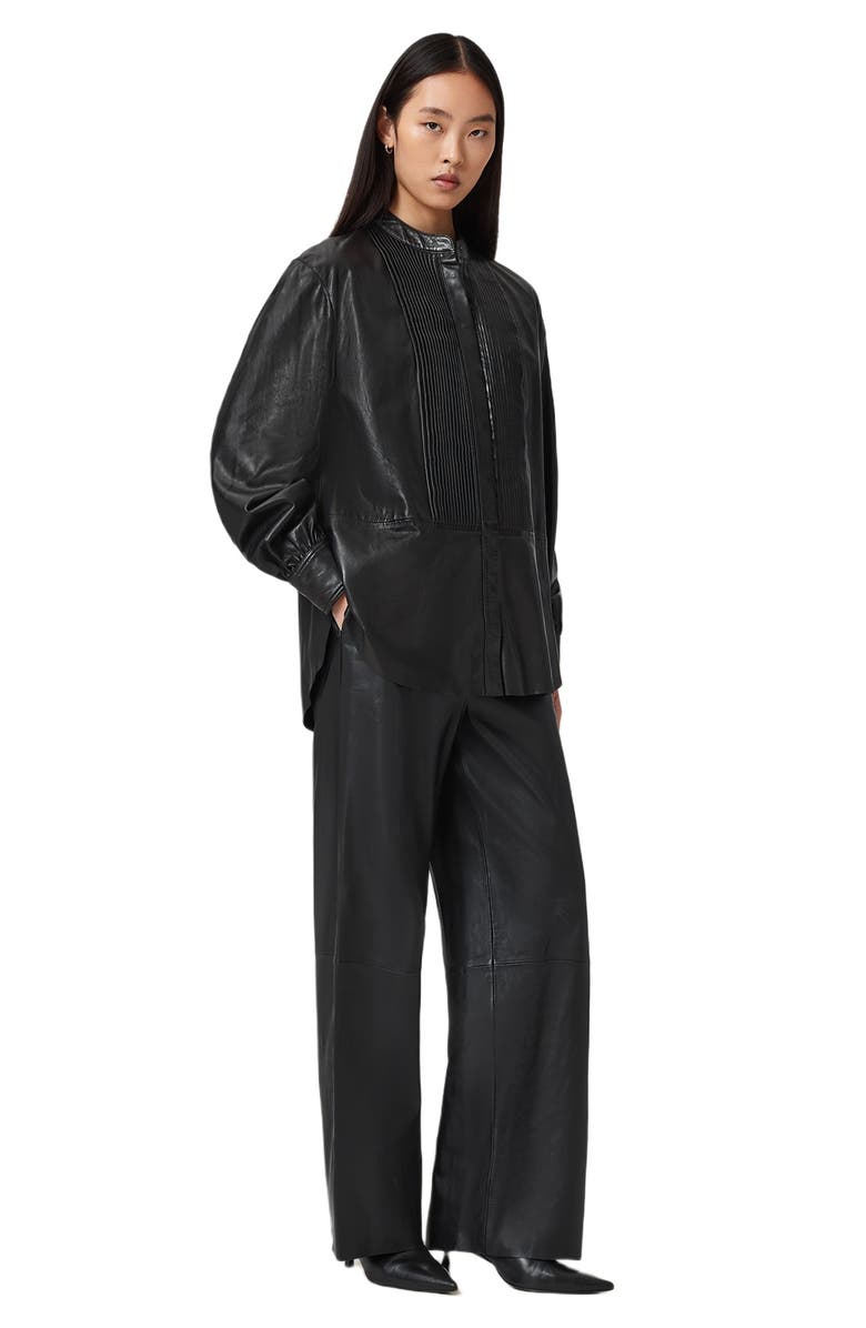 AllSaints Sara Pintuck Leather Shirt, Alternate, color, Black
