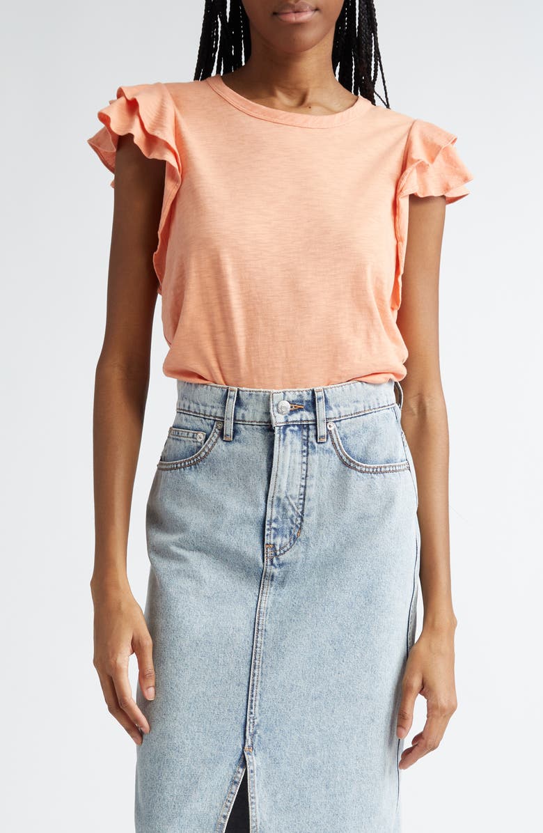 Veronica Beard Akeela Double Ruffle Sleeve Cotton Top, Main, color, Coral