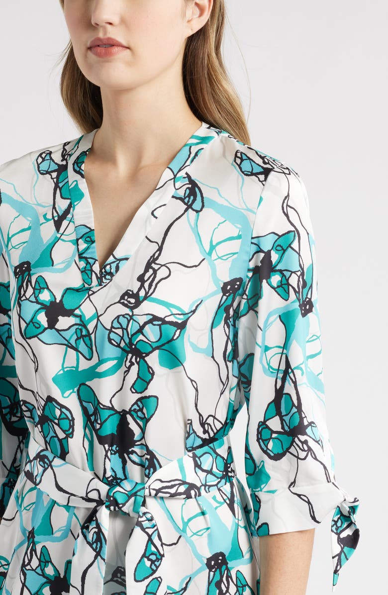 Ming Wang Abstract Print Tie Waist A-Line Midi Dress, Alternate, color, Emerald Awe Multi