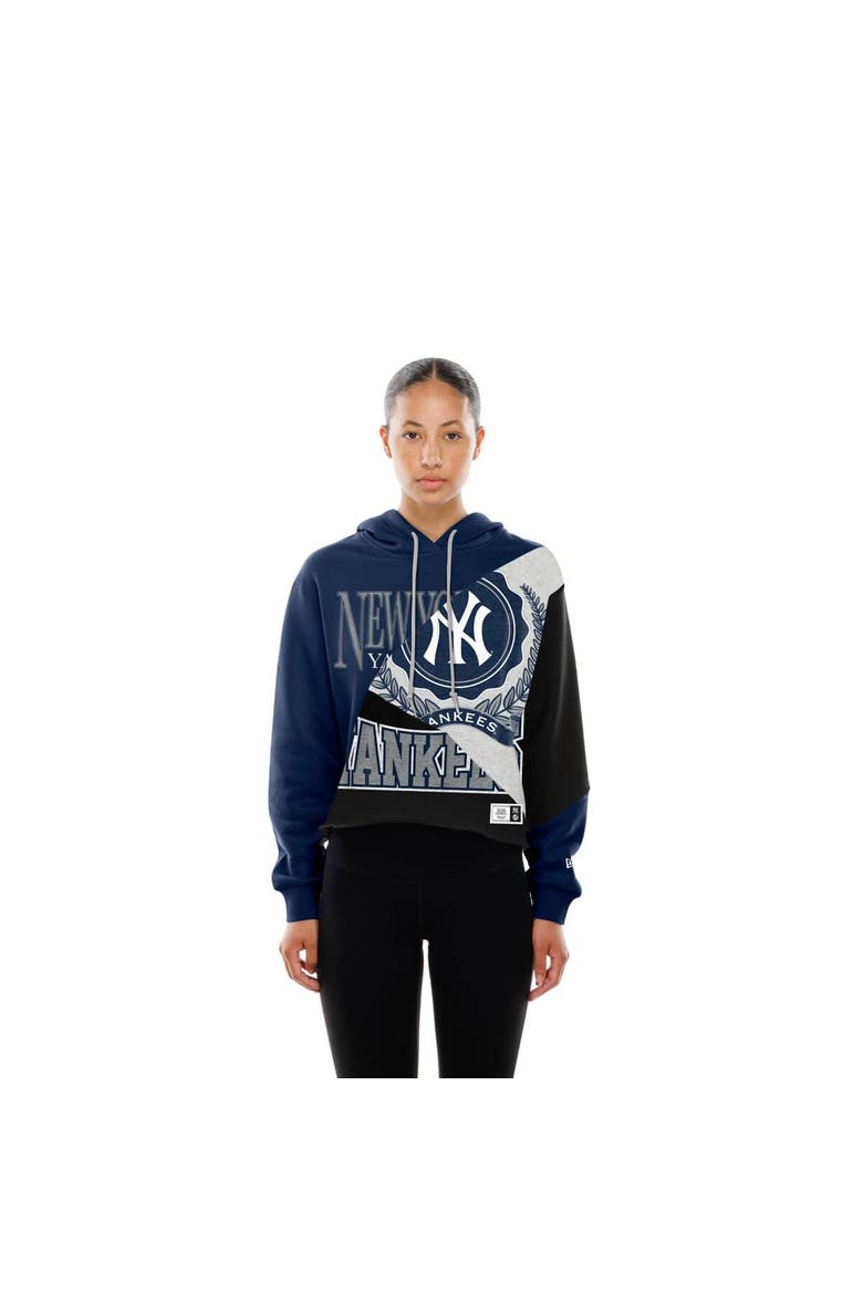 Women's New Era  New York Yankees Upcycled Color Block Cropped Boxy Hoodie, Alternate, color, Navy