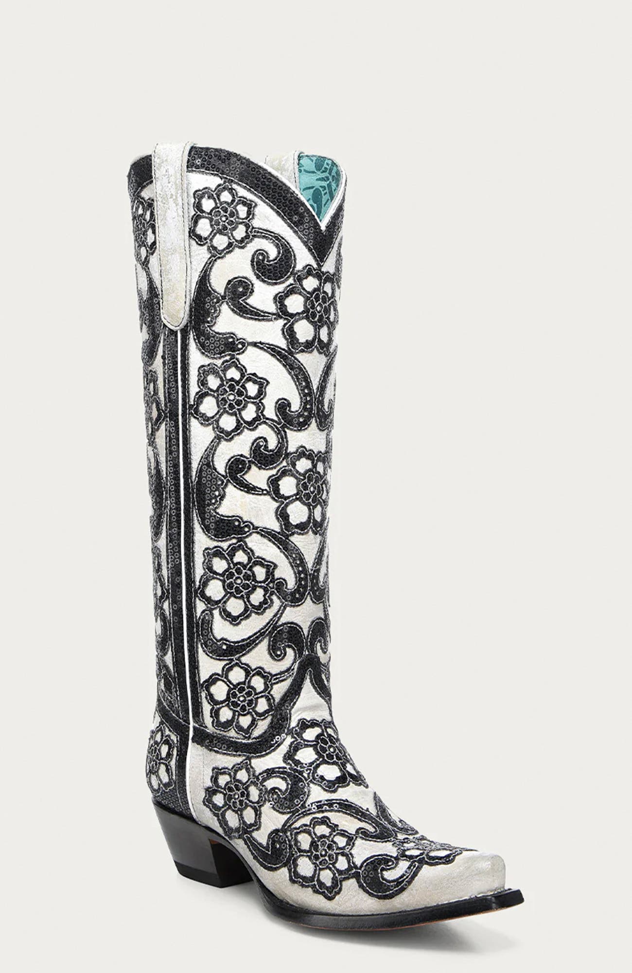 Cowhide Embroidered Overlay Floral Snip Toe Tall Boots, Main, color, White/Black