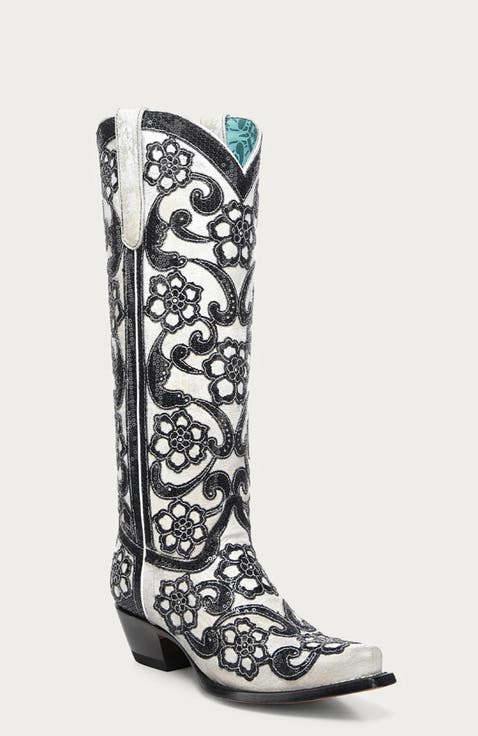Cowhide Embroidered Overlay Floral Snip Toe Tall Boots