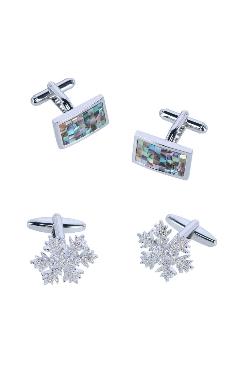 Trafalgar Cufflink Holiday Pack Snowflake and Mother of Pearl Set, Main, color, Silver