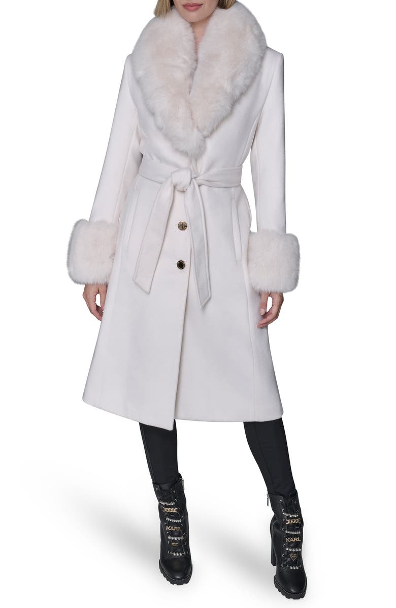 KARL LAGERFELD PARIS Faux Fur & Wool Blend Coat, Main, color, White/ White