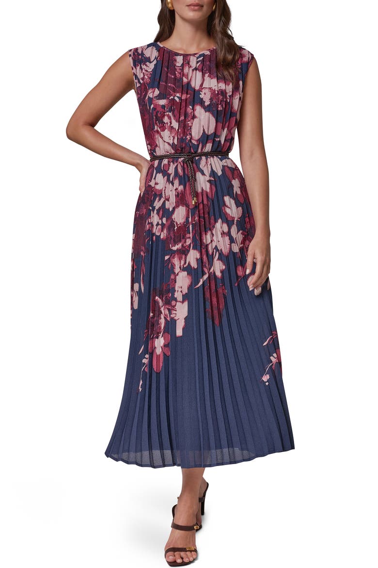 Placed Floral Pleated Chiffon Midi Dress, Main, color, NAVY/ BLCK