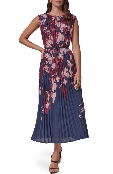 Placed Floral Pleated Chiffon Midi Dress