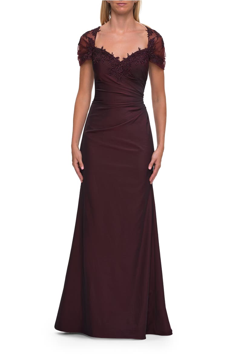 Embroidered Lace Sleeve Gown with Keyhole Back, Main, color, Dark Berry