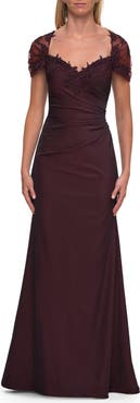La Femme Embroidered Lace Sleeve Gown with Keyhole Back
