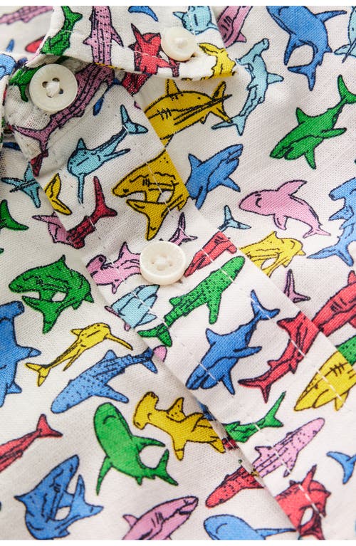 Shop Mini Boden Kids' Shark Print Short Sleeve Linen & Cotton Button-down Shirt In Multi Sharks