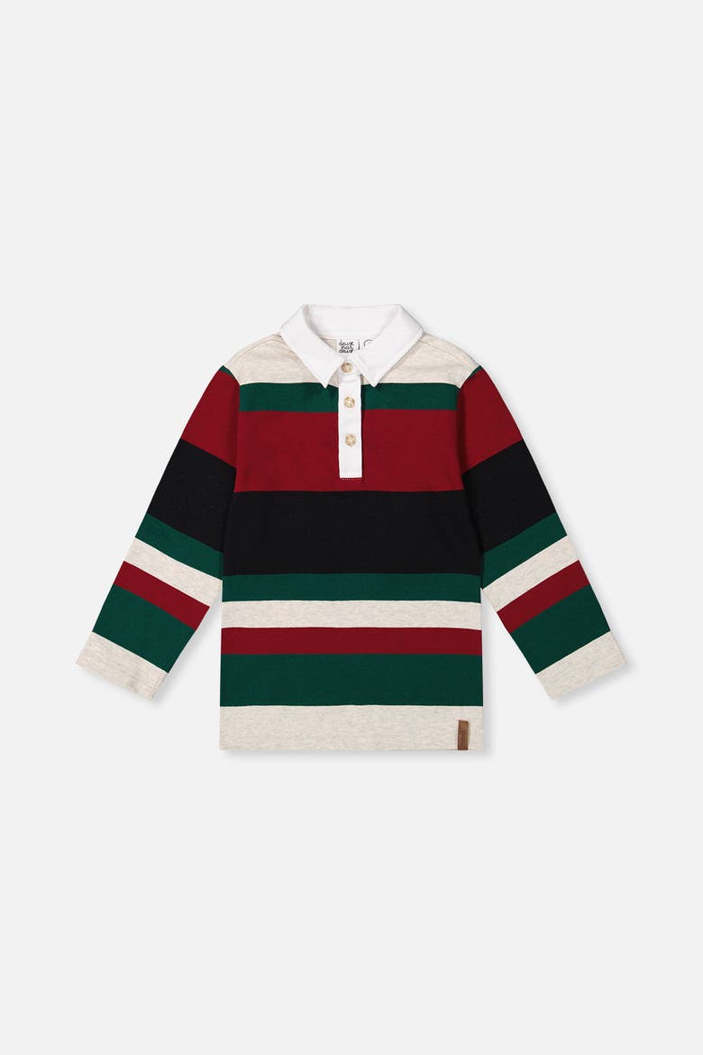 Striped Button Placket Long Sleeve Polo Top, Main, color, Blue Striped Red, Green & Grey