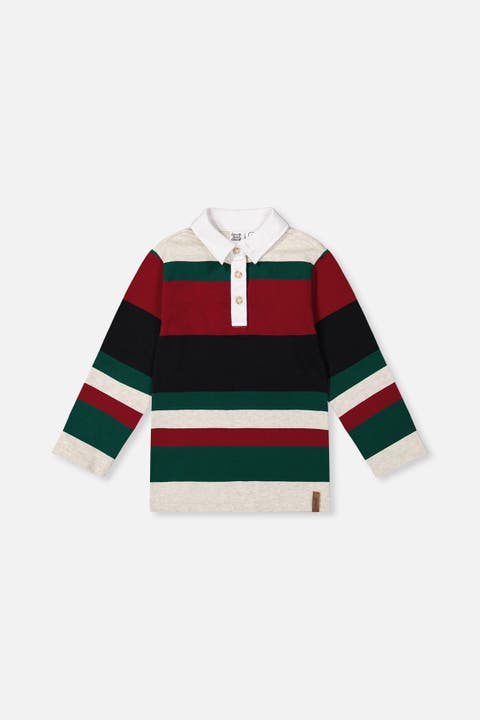 Striped Button Placket Long Sleeve Polo Top