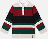 Deux par Deux Striped Button Placket Long Sleeve Polo Top