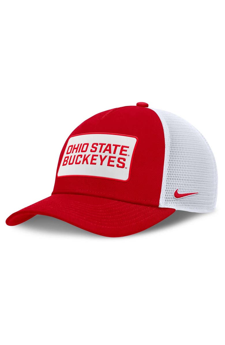 Nike Men's Nike Scarlet/White Ohio State Buckeyes 2025 On-Field Rise Patch Trucker Adjustable Hat, Main, color, Scarlet