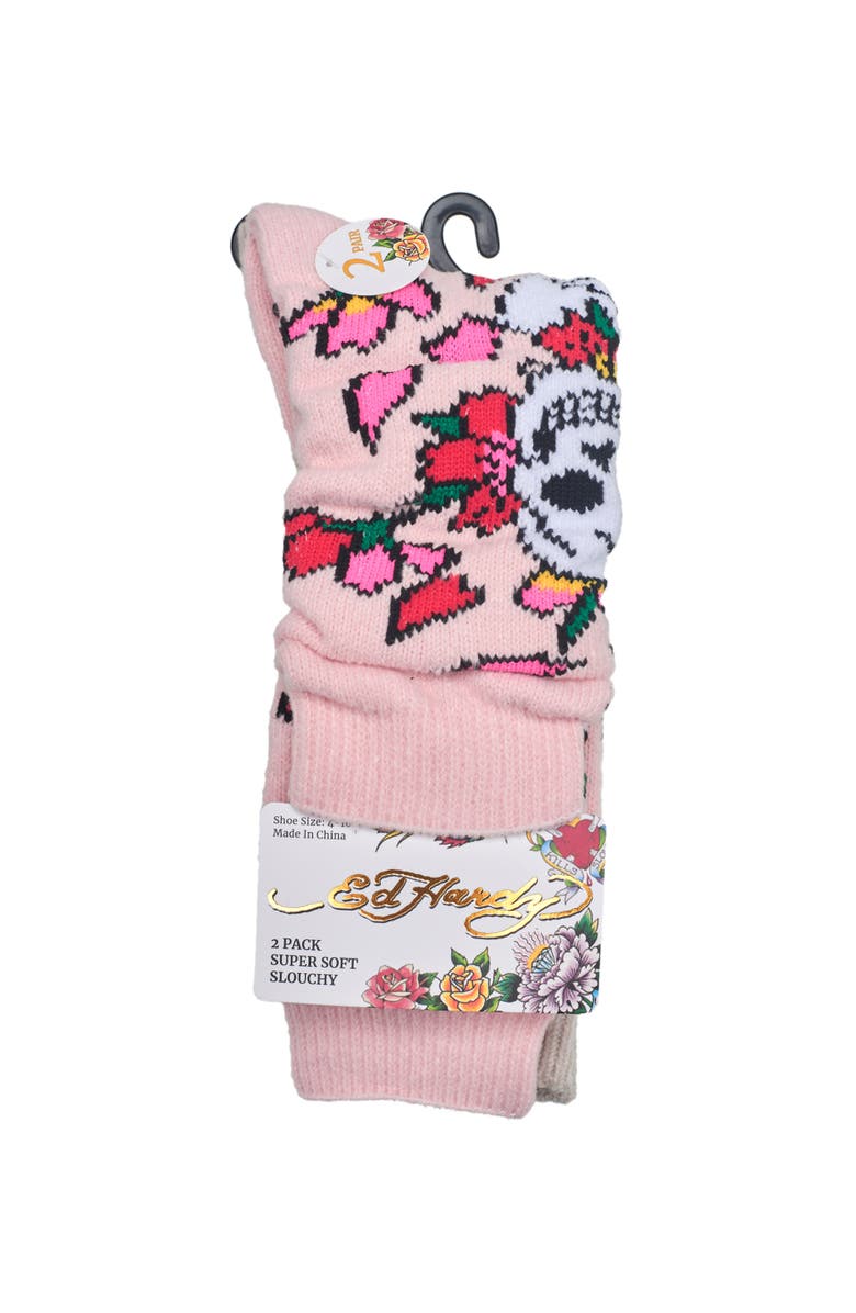 Ed Hardy Womens Floral Skull Slouchy Sock 2-Pack, Alternate, color, Pink Multi