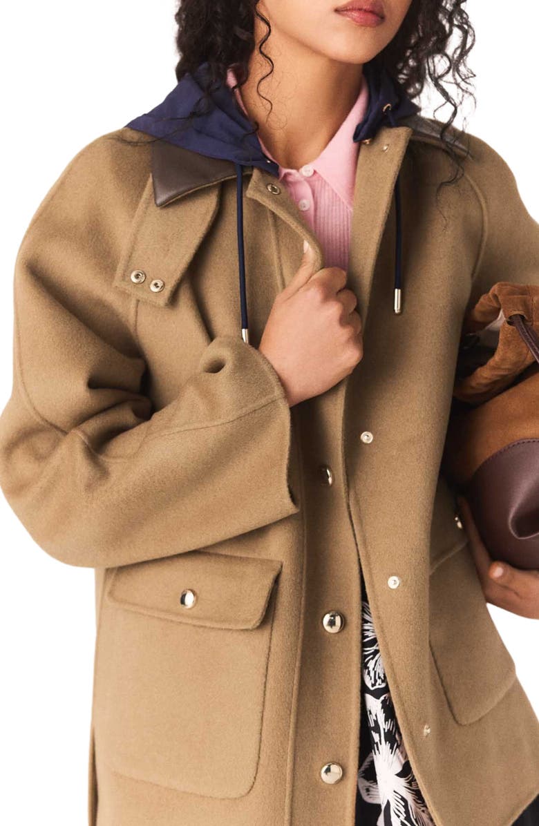 maje Wool coat with removable hood, Alternate, color, Beige