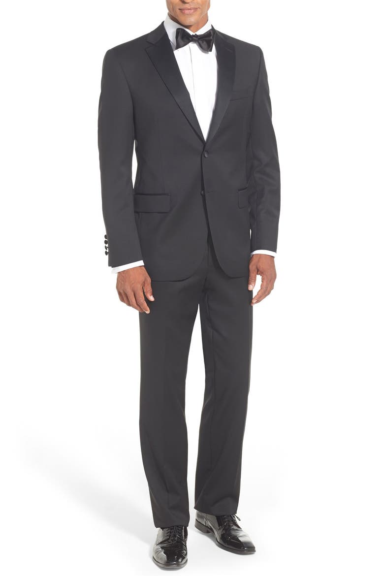 Classic Fit Loro Piana Wool Notch Lapel Tuxedo, Main, color, BLACK
