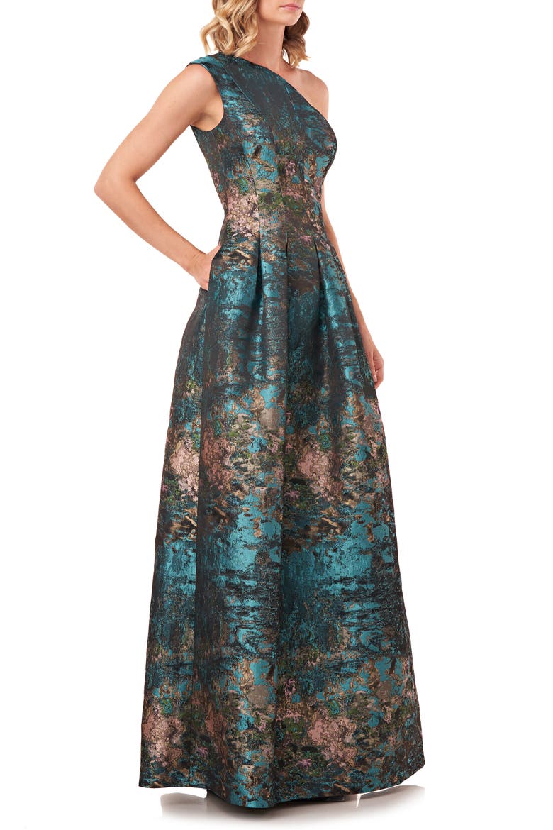 Cara Metallic Jacquard One-Shoulder Gown, Alternate, color, TEAL MULTI